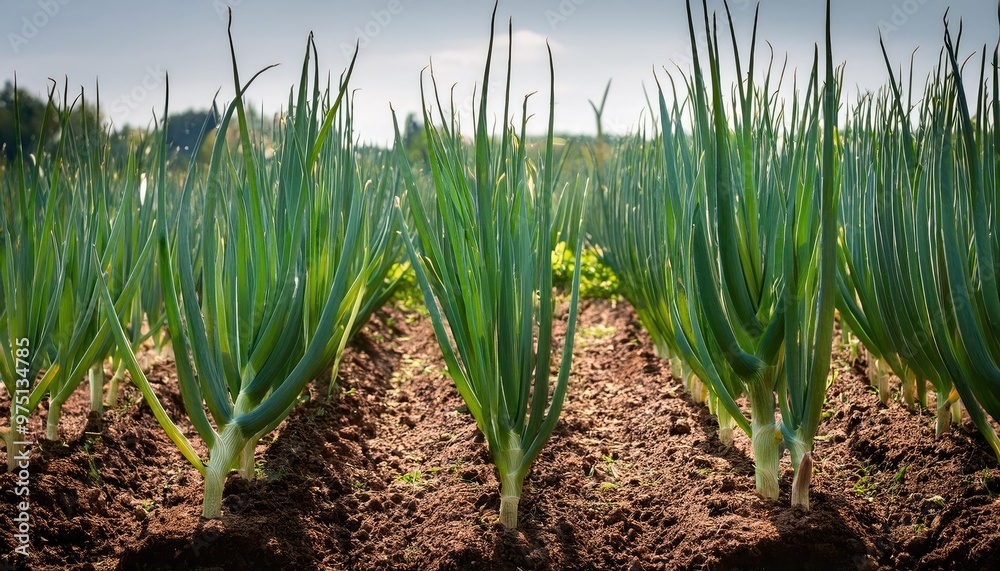 Green onions growing in rows