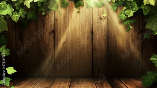 Wooden Background with Ivy and Sunlight – Nature-Inspired Backdrop