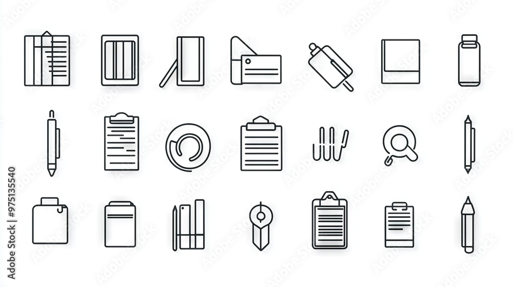 A collection of thin line icons representing various paper types, pencils, and paper clips against a white background A collection of thin line icons representing various paper types, pencils, and paper clips against a white background