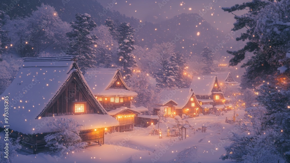 Snowy Japanese Village at Dusk with Glowing Lanterns