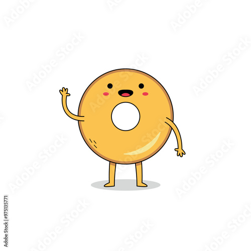 Cute bagel cartoon character waving hand hello doodle