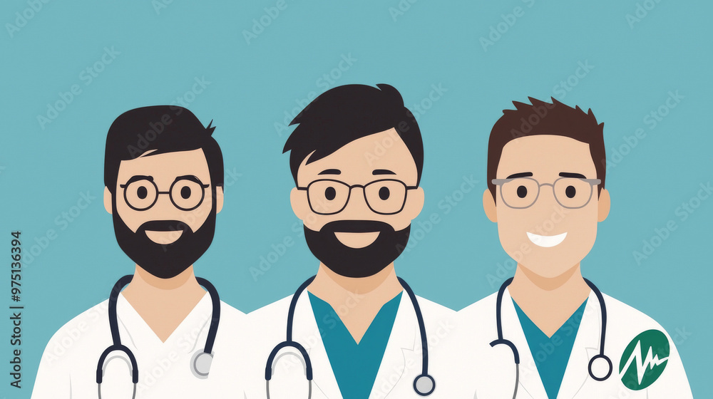 Three doctors in white coats with stethoscopes. Three doctors in white coats with stethoscopes.