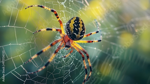 close up spider hunting, detailed close up of a golden orb weaver spider spinning its web, dewy morning web in a garden, soft, diffused natural highing the webs