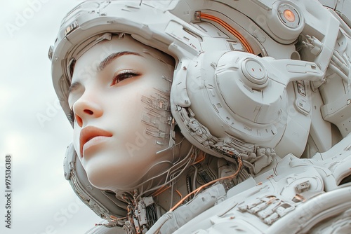 Microprocessor transcranial stimulation nanoelectronics bioelectronic circuits and digital brain female cyborg with detailed mechanical armor and futuristic headgear photo