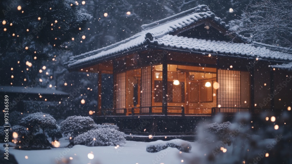 Fototapeta premium Traditional Japanese House in a Snowy Winter Landscape with Lights