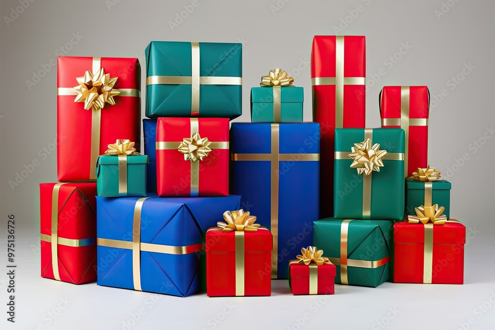 Fototapeta premium Colorful Gift Wrapped Presents in Red Blue and Green with Gold Ribbons on Isolated Background
