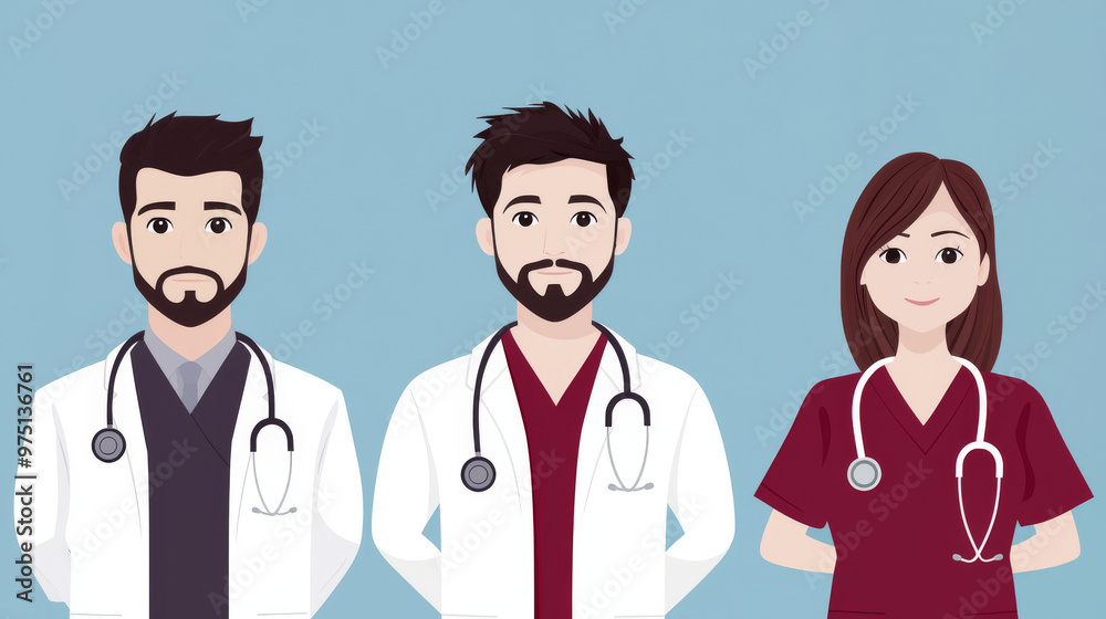 Three medical professionals, two men and one woman, stand side by side, ready to help. Three medical professionals, two men and one woman, stand side by side, ready to help.