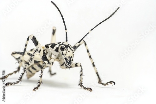 striking white-spotted assassin bug stands out against a clean backdrop, with its long legs and sharp mandibles prominently displayed, capturing the essence of this fascinating insect. photo