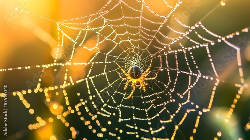 close up spider hunting, detailed close up of a golden orb weaver spider spinning its web, dewy morning web in a garden, soft, diffused natural highing the webs photo