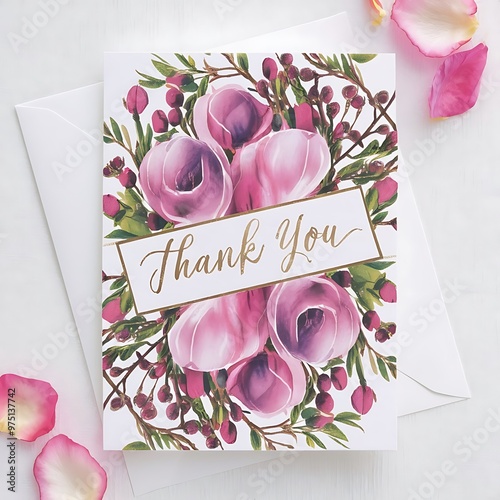 Card tempate with watercolor pink, purple roses and elderberry branches, hand painted on a white background, thank you card design, decoration postcard, wedding invitation photo