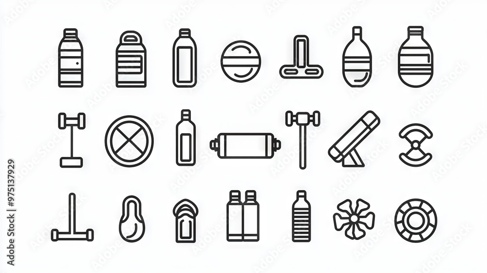 Black and white photo of various bottles and items on a white background Black and white photo of various bottles and items on a white background