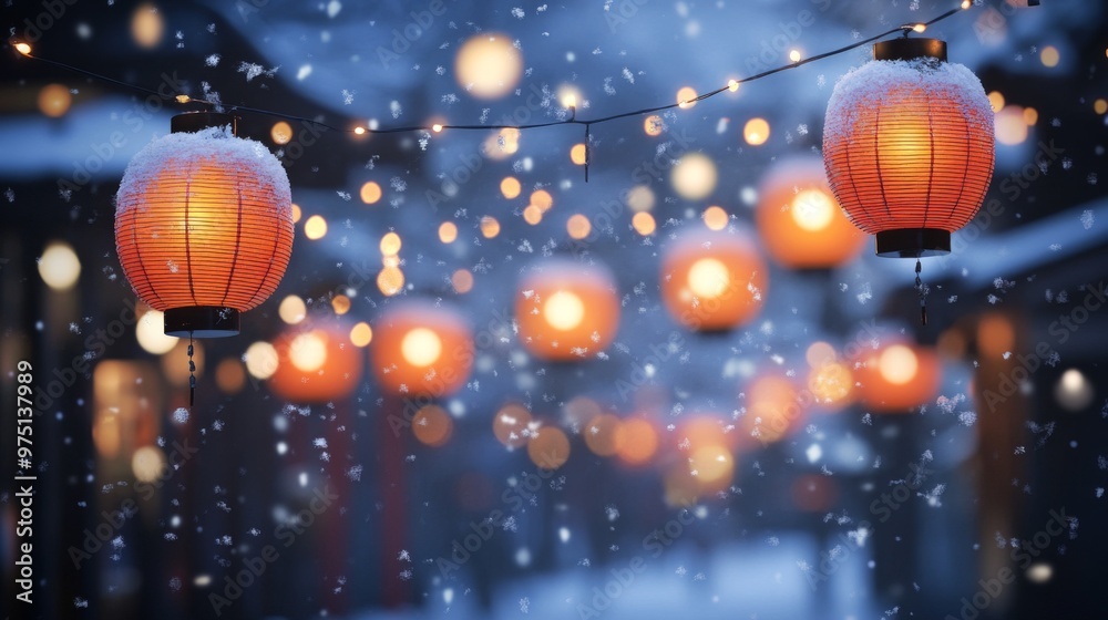 Snow-Covered Lanterns with Blurred Lights in a Winter Scene