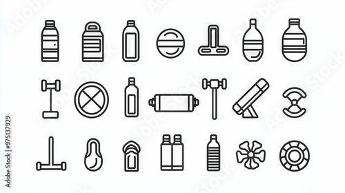  Black and white photo of various bottles and items on a white background