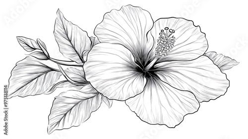 Hibiscus flower outline illustration, Freehand sketching flower, Black and white with line art illustration. 