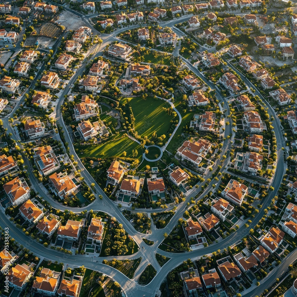 Aerial View of a Suburban Neighborhood with Winding Roads and Lush Green Spaces Aerial View of a Suburban Neighborhood with Winding Roads and Lush Green Spaces