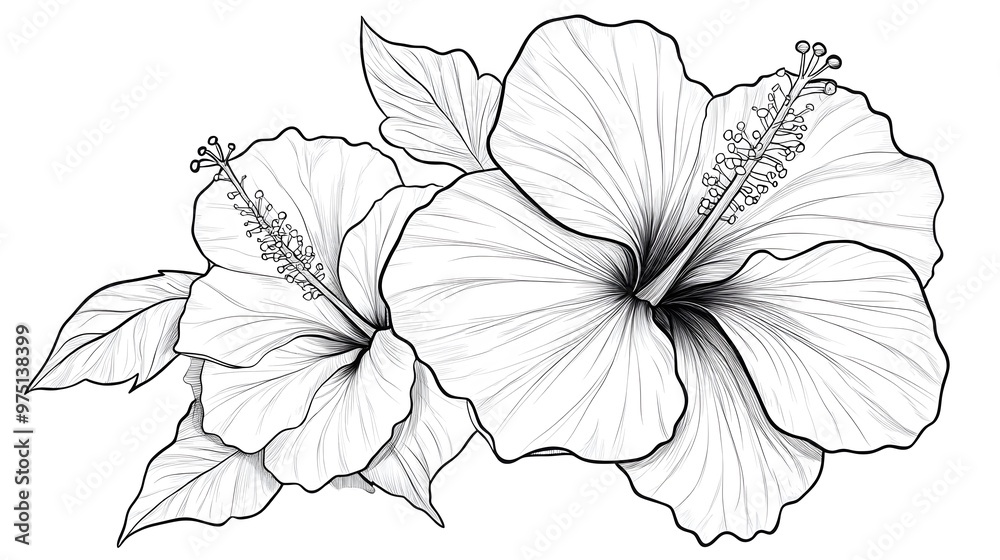 Hibiscus flower outline illustration, Freehand sketching flower, Black and white with line art illustration.