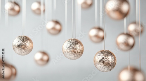   A close-up of several balls dangling from a string against a white wall and a light blue backdrop