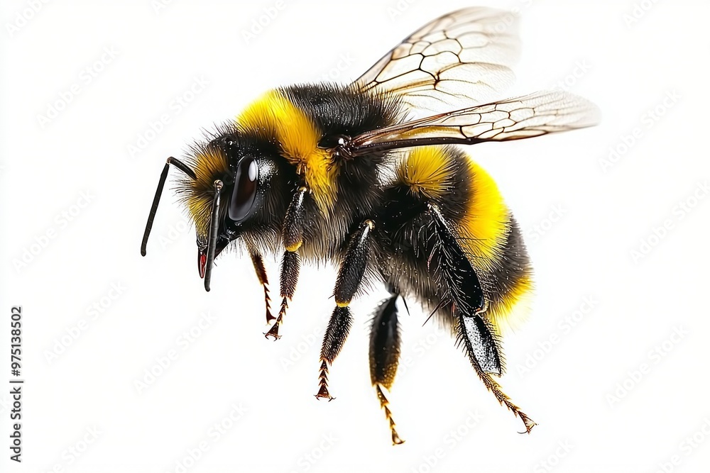 This enchanting moment captures a bumblebee in mid-flight, its fuzzy yellow and black body and shimmering wings perfectly highlighted against a bright white backdrop.
