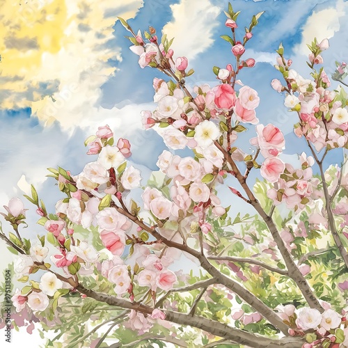 Watercolor spring blooming cherry tree branches background, card template, hand painted on a white background