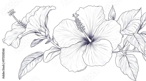 Hibiscus flower outline illustration, Freehand sketching flower, Black and white with line art illustration.
