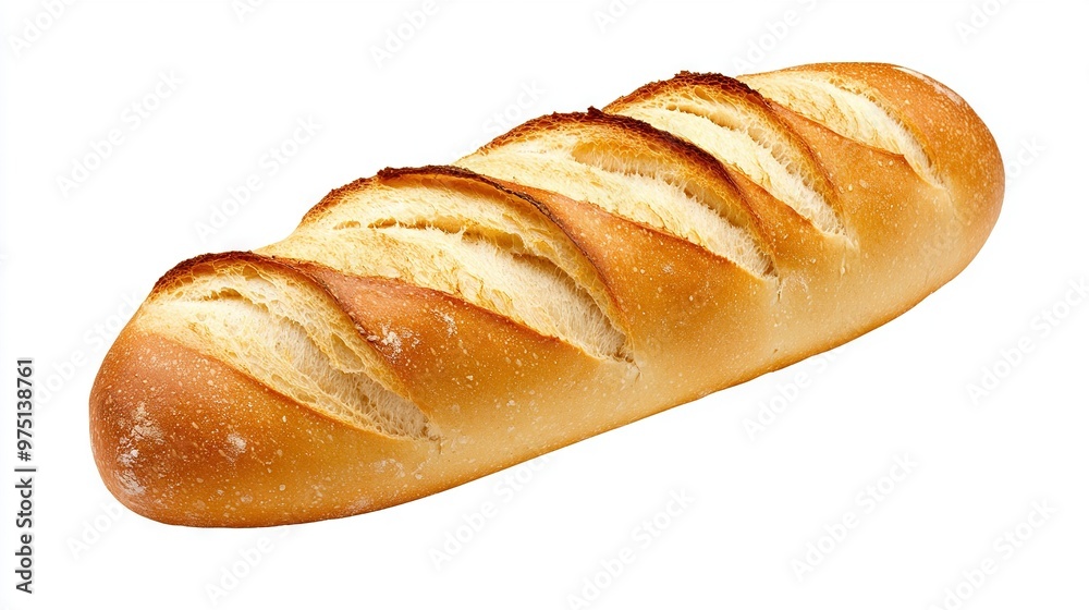 A zoomed-in image of a lengthy loaf of bread resting on a white backdrop, featuring some slits carved into it A zoomed-in image of a lengthy loaf of bread resting on a white backdrop, featuring some slits carved into it