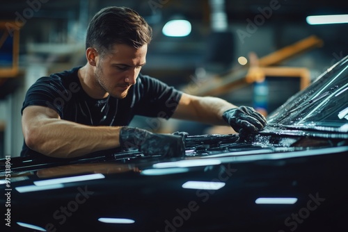 A man wearing a black shirt is actively working on the maintenance of a car engine.