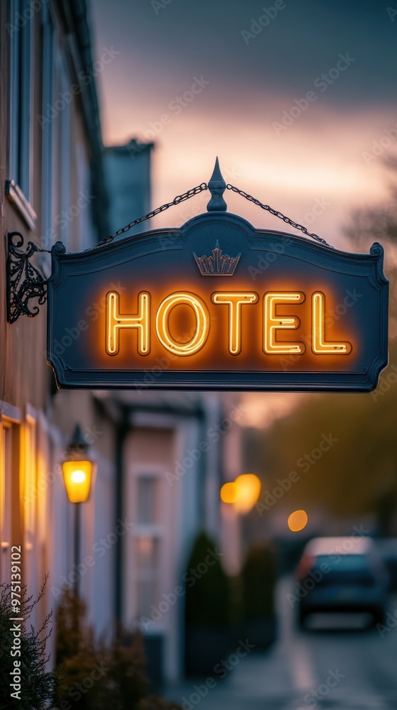 Illuminated Hotel Sign on a Cozy Evening Street Illuminated Hotel Sign on a Cozy Evening Street
