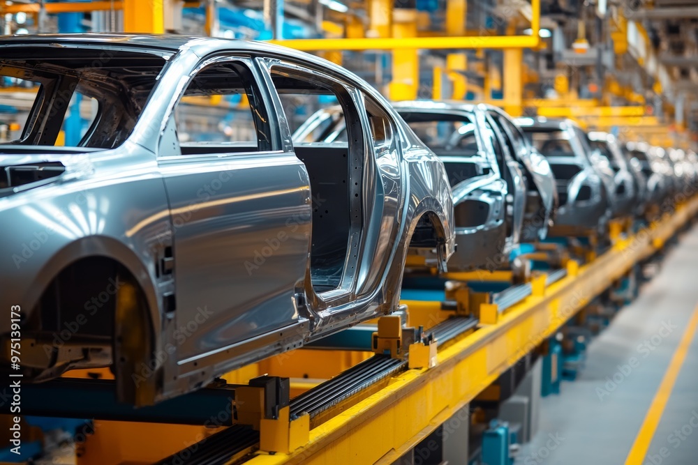 Automated car manufacturing body assembly process on conveyor at modern automotive plant Automated car manufacturing body assembly process on conveyor at modern automotive plant