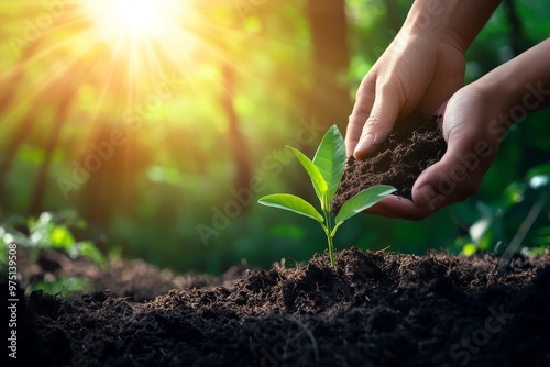 Nurturing nature  hand cradling soil with a young plant amidst sunlit forest for ecology awareness photo