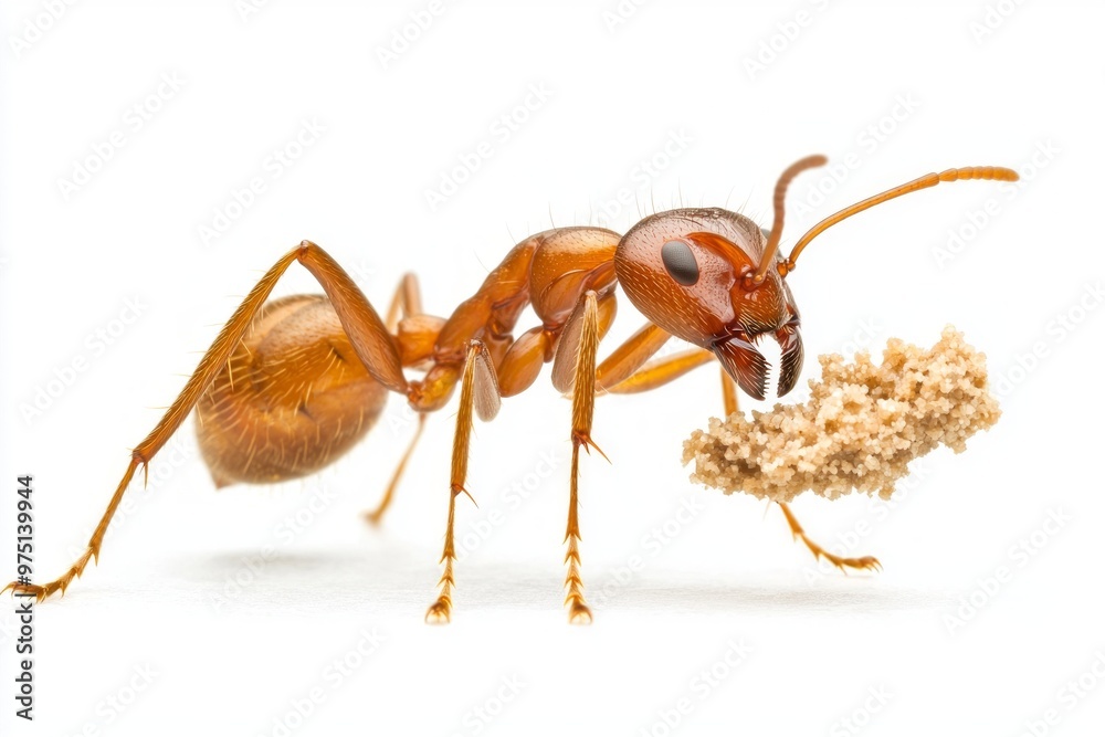 determined fire ant navigates its surroundings, using strong mandibles to carry a small piece of food, highlighting its role in nature amidst a stark white background. determined fire ant navigates its surroundings, using strong mandibles to carry a small piece of food, highlighting its role in nature amidst a stark white background.