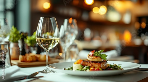 Grilled Salmon with Vegetables and a Glass of White Wine on a Table Setting