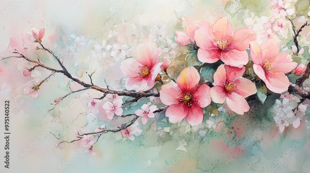 A watercolor painting of spring blossoms featuring delicate pink flowers on a branch, with soft sunlight filtering through the petals. A watercolor painting of spring blossoms featuring delicate pink flowers on a branch, with soft sunlight filtering through the petals.