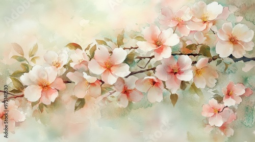 Wallpaper Mural A watercolor painting of spring blossoms featuring soft pink flowers on a branch, with warm sunlight bringing a sense of serenity and elegance. Torontodigital.ca