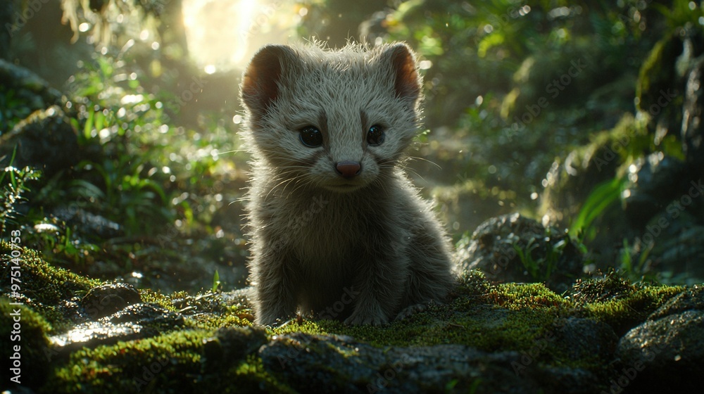 Naklejka premium A close-up of a small animal in a field surrounded by trees and sunlight filtering through the leaves