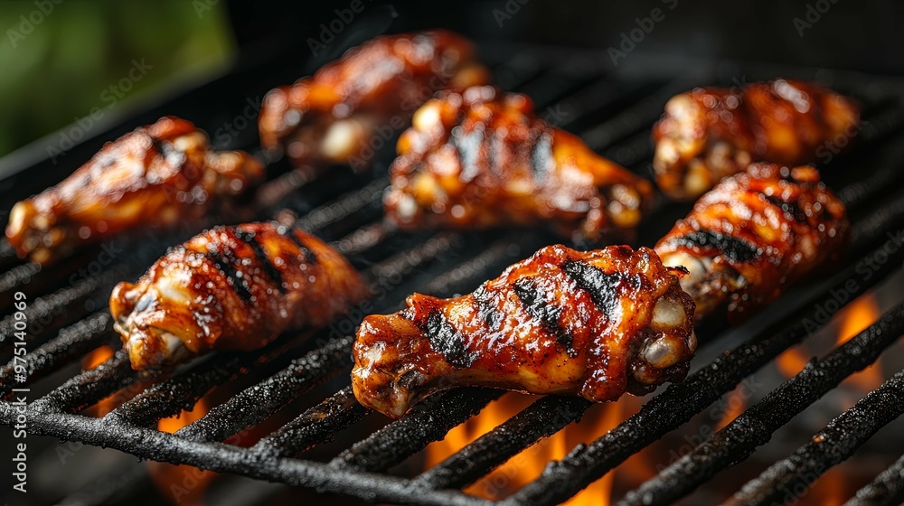 Grilled chicken wings with BBQ sauce on a hot grill Grilled chicken wings with BBQ sauce on a hot grill