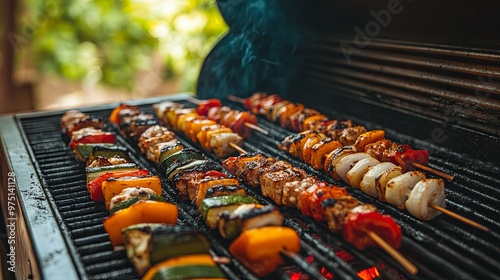 Grilled Skewers with Vegetables and Meat on a Charcoal Grill photo