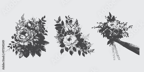 flowers, Bouquet,  Large Grain Photocopy Effect, for grunge punk y2k collage design