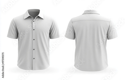A white collared shirt with short sleeves, shown from the front and the back. The shirt is buttoned up with black buttons, and it is isolated on a white background.