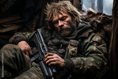 a soldier with a gunshot and dirty clothes lies in the ruins of a house.