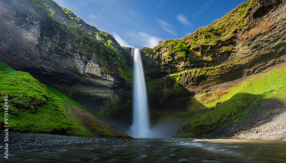 The waterfall is a tall and beautiful waterfall.