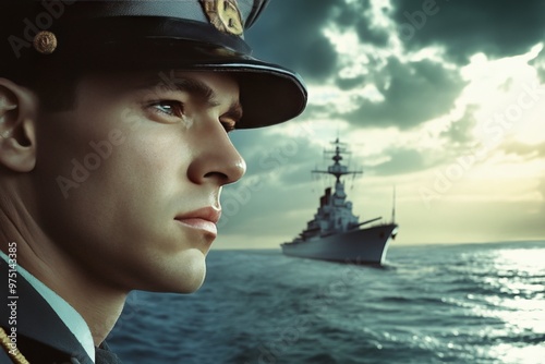 A soldier gazes hopefully at the horizon with a warship behind, awaiting his wife s arrival photo