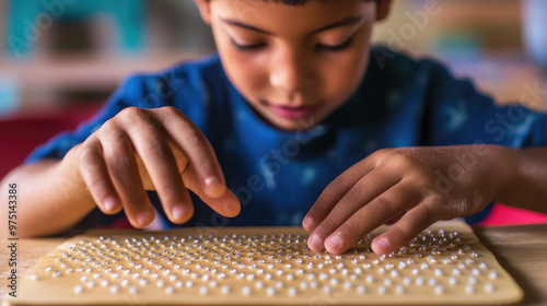 blind child running fingers across braille book page with school classroom in background, blindness, schoolboy, disabled boy, children, disability, kid, person, human, hand, education, textbook