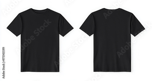 Black T-shirt mockup isolated on white background, front and back view.