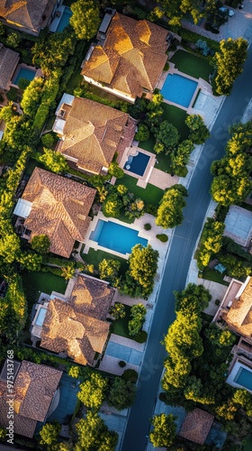 Aerial View of Luxury Homes with Swimming Pools and Lush Greenery
