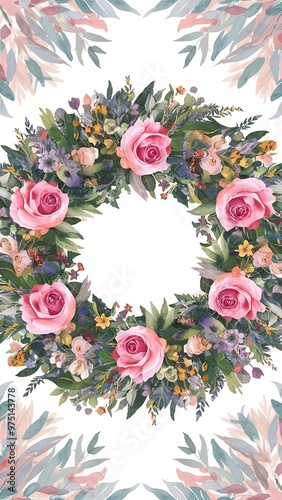 Colorful watercolour floral wreath with roses, flowers and leaves