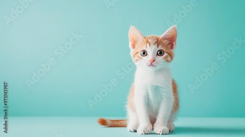  A kitten with orange-white fur sits atop a blue floor beside a green wall and a light blue backdrop