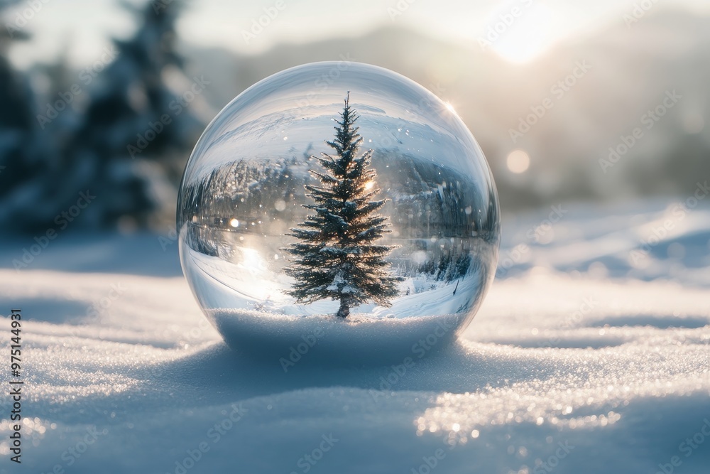 Festive christmas glass ornament featuring a tree against a wintery background scene Festive christmas glass ornament featuring a tree against a wintery background scene