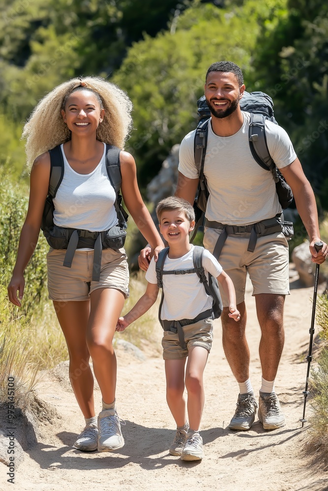 Fototapeta premium Diverse family hiking scenic park, exploring nature, enjoying outdoors. AI generated