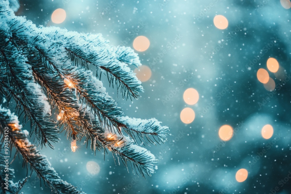 Stunning winter scene with snowy fir tree and blurred lights, perfect for holiday celebrations Stunning winter scene with snowy fir tree and blurred lights, perfect for holiday celebrations