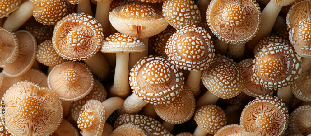 Close-up of a cluster of small, brown mushrooms with white spots on their caps. Close-up of a cluster of small, brown mushrooms with white spots on their caps.